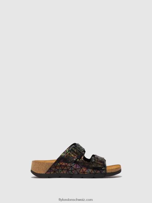 CH Fly London Frauen Schnallensandalen caja721 schwarzes Benzin 2664500