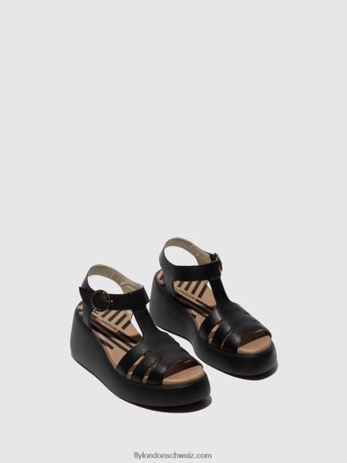 CH Fly London Frauen T-Riemen-Sandalen duma955 Schwarz 2664413